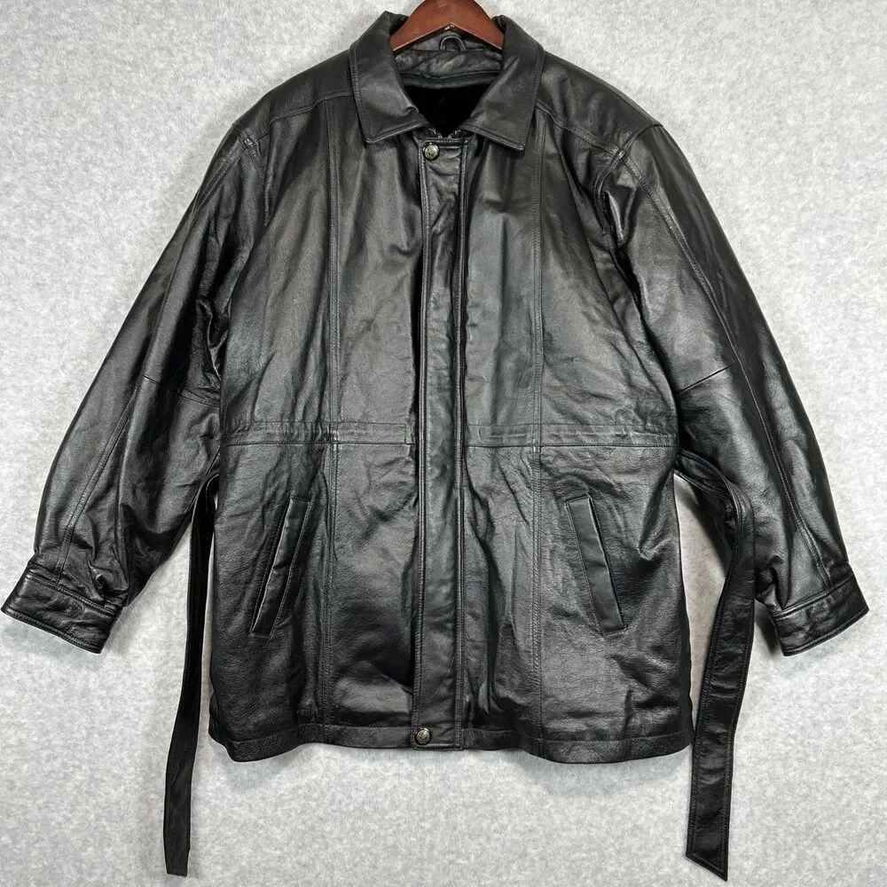 VTG Carlo Bertini Black Leather Trench Coat Jacket Men's L Faux Fur Lined Belted